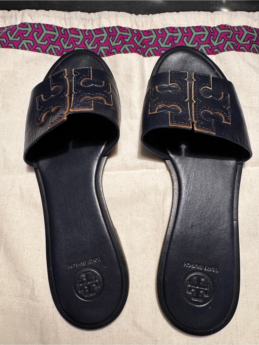 Tory Burch Navy Leather Logo Slide Sandals